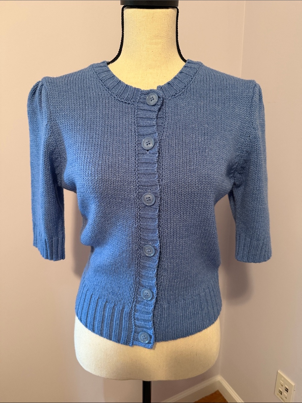 Women's Light Blue Short-Sleeve Button Cardigan